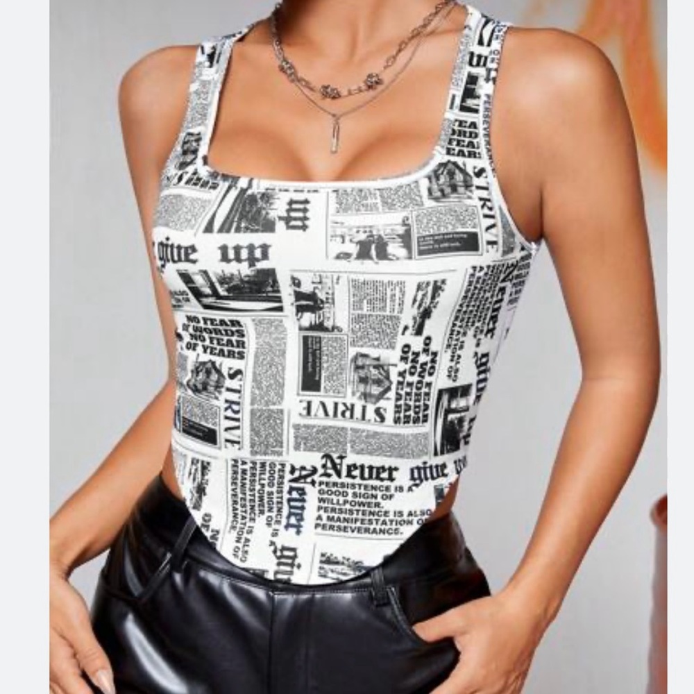 Black & White Newspaper Print Square Neck Sleeveless Bodysuit Top Size XS